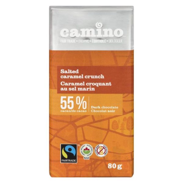 Tablette de chocolat noir, bio, équitable, 55% de cacao au caramel croquant et sel marin - Camino Sale